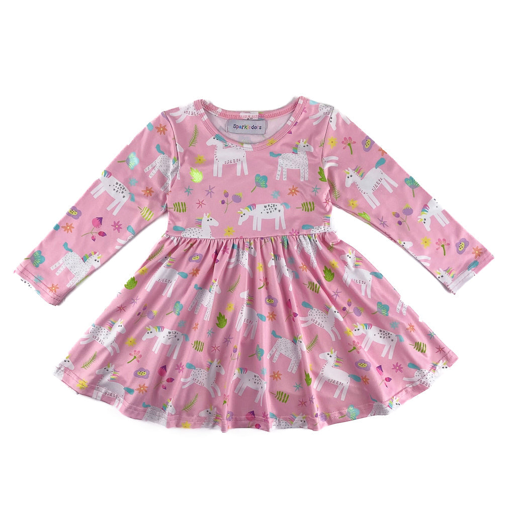 Pink Rainbow Unicorns Twirly Dress