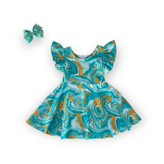 Jade Marble Twirly Dress with Matching Bow