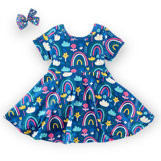 Rainbows 'n Flowers Twirly Dress with Matching Hairbow