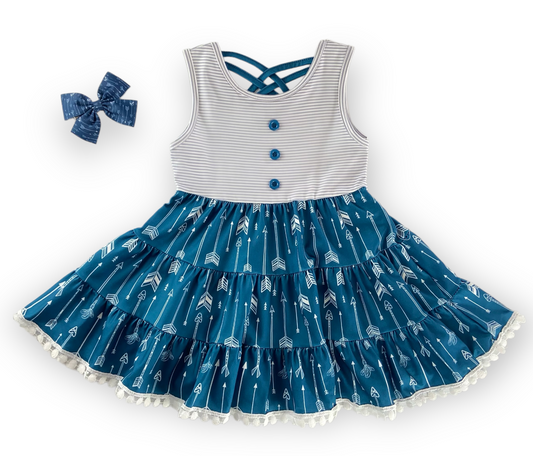 Navy Arrows Tiered Twirly Dress & Matching Hairbow